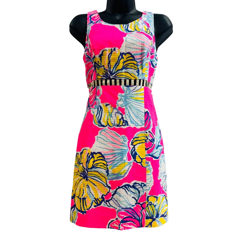 Lilly Pulitzer Pink Yellow Shell Print Seersucker Dress Cutout Waist Size 0‎